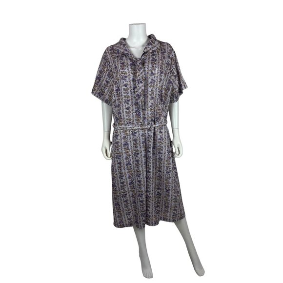 Vintage 60s Toile Dress Womens 2X Purple Novelty Print Belted Volup Necktie Shir - Picture 1 of 14